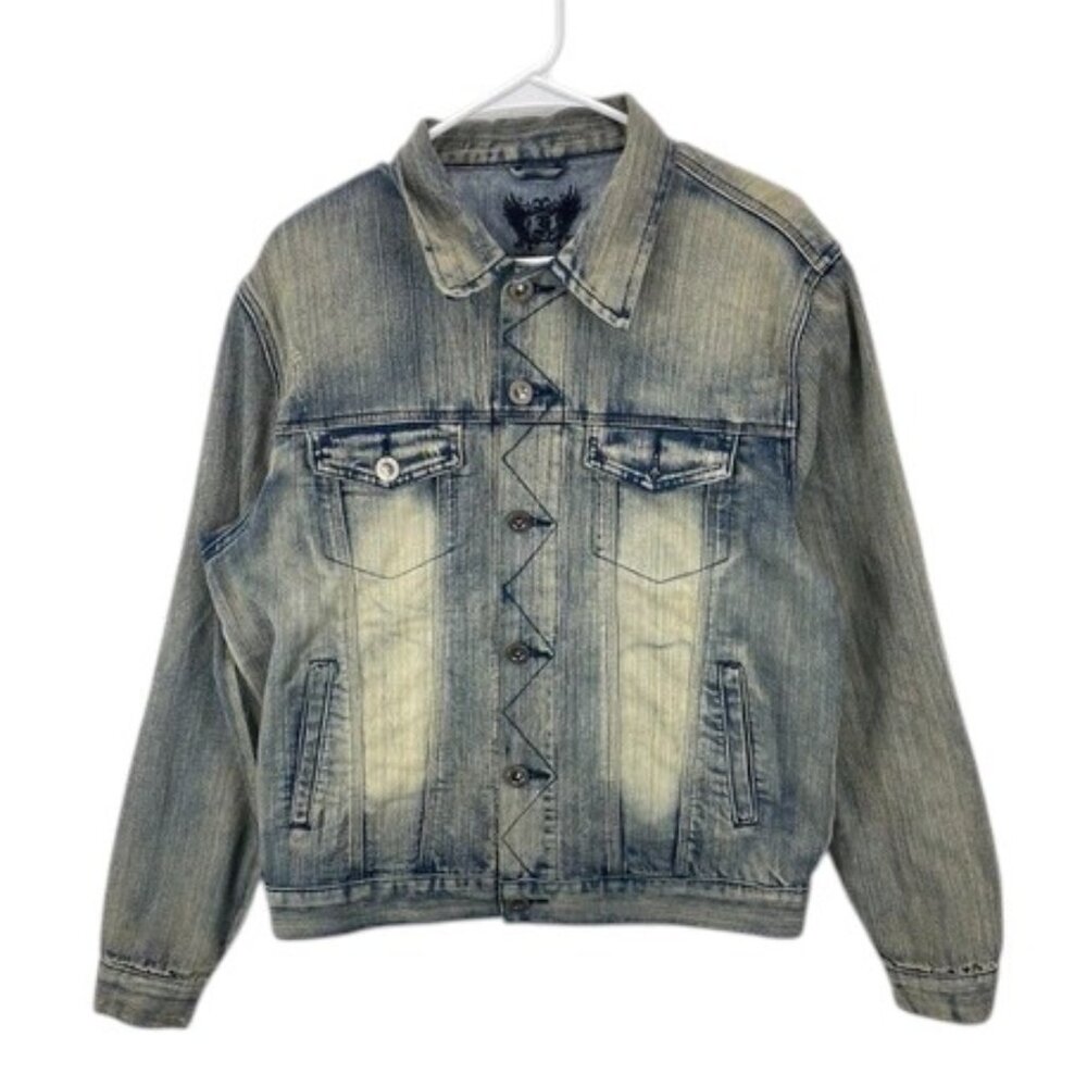 FUSAI Denim Jacket Men’s Blue Distressed‎ Stretch Button Front Jean Coat Size M